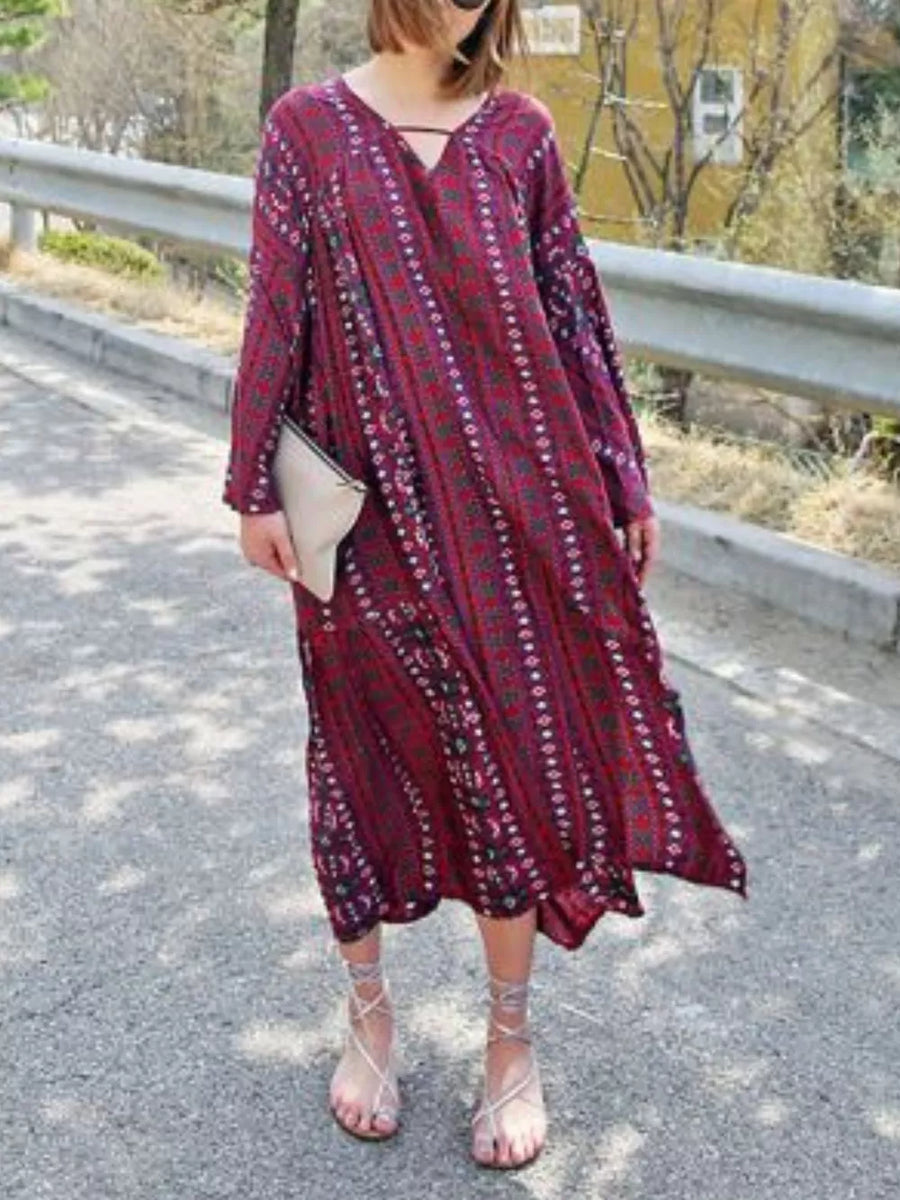 Red with Bohemian Print Midi Dress With Side Slits