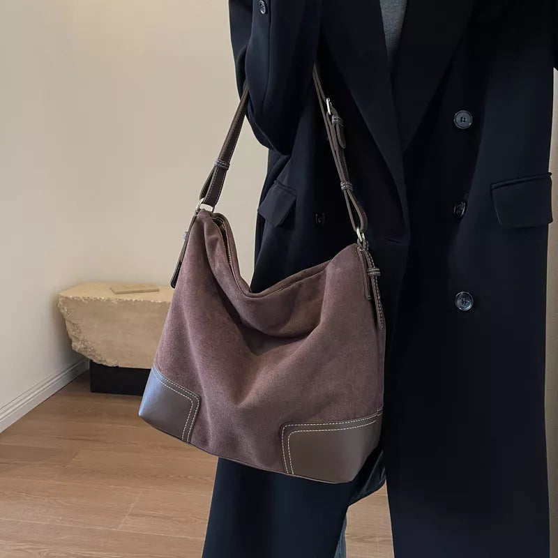Brown suede tote bag with leather accents and contrast stitching