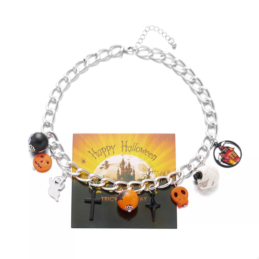 necklace in orange with charm details and collar