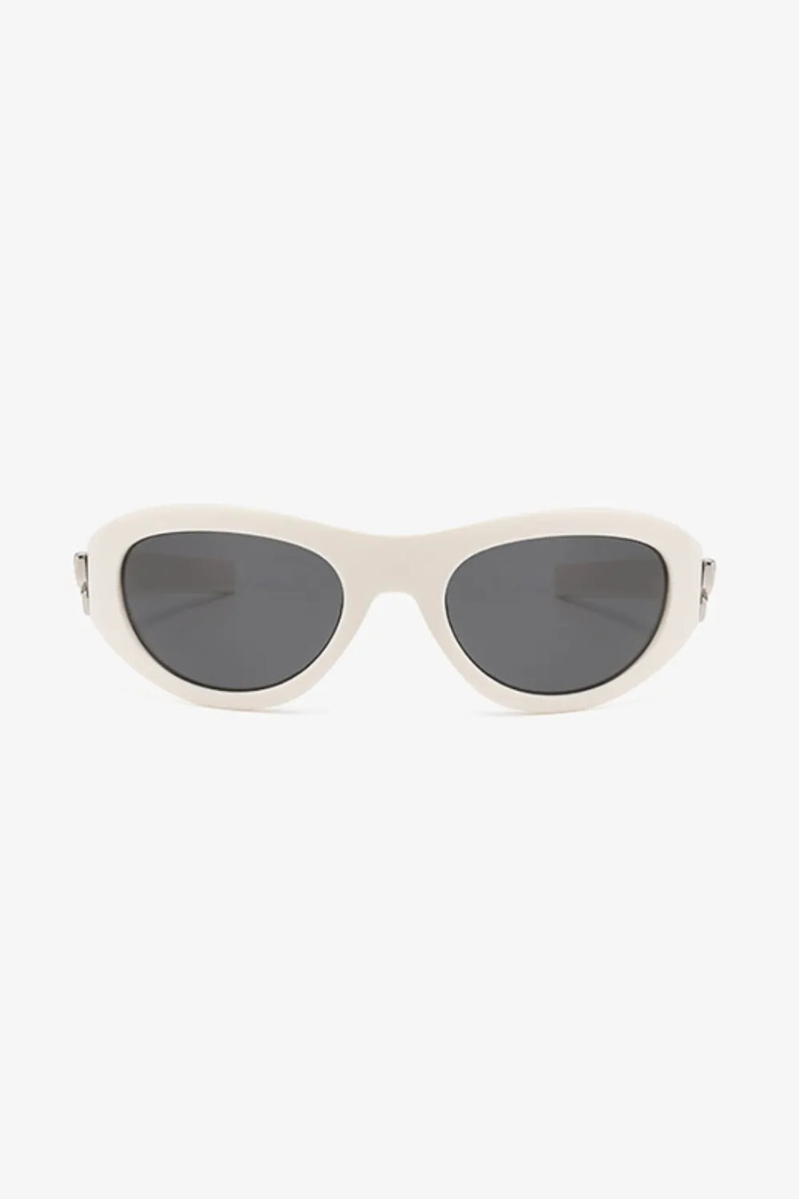 Sporty shield sunglasses in beige with dark lenses and a bow accent.