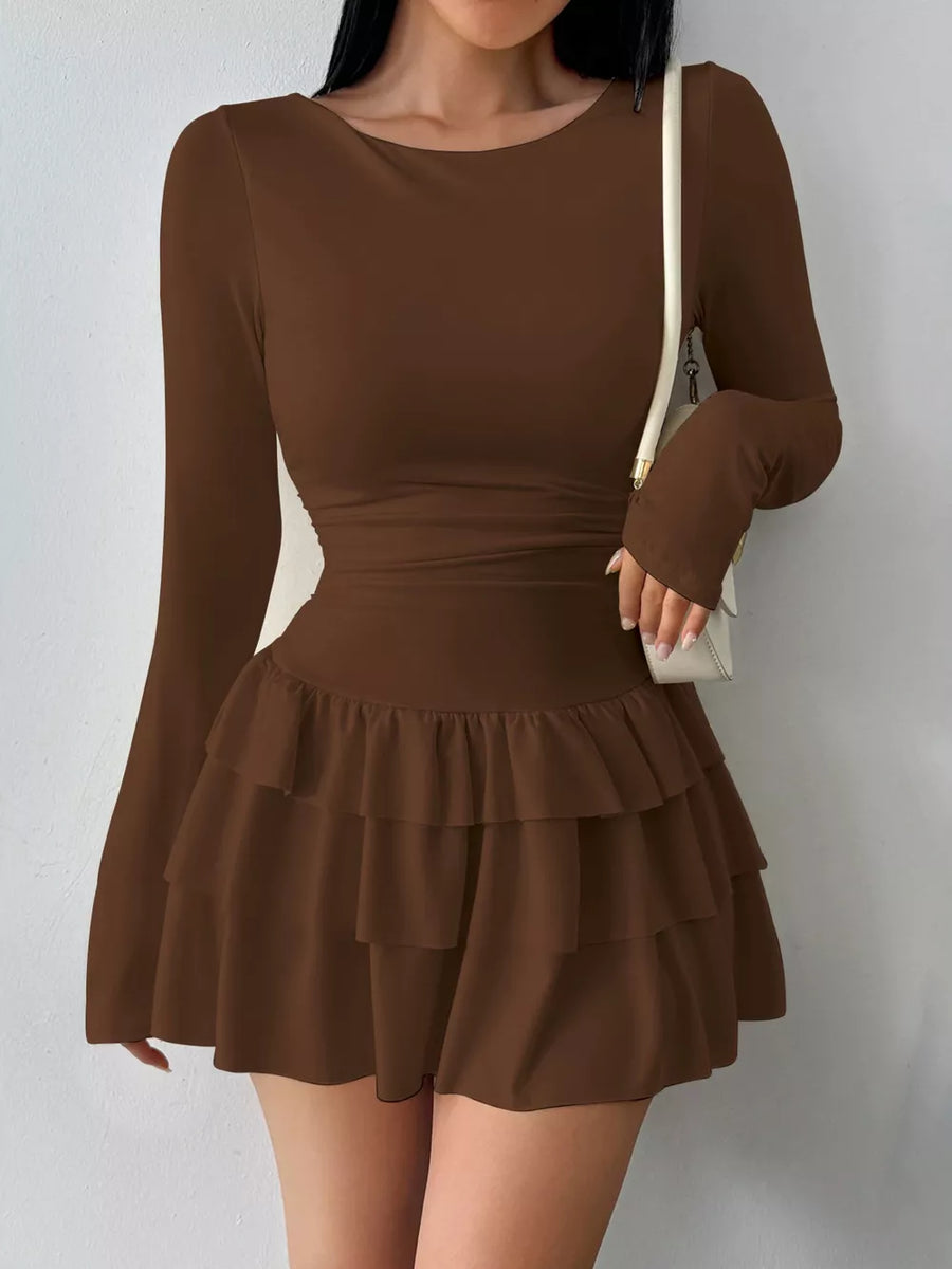 Ruched Long Sleeve Layered Ruffle Mini Dress in Burgundy