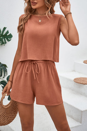 Textured crop top and shorts co-ord set in Black with adjustable drawstring
