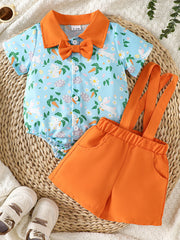 Baby bodysuit with bunny print and orange bow tie, paired with orange suspender shorts.