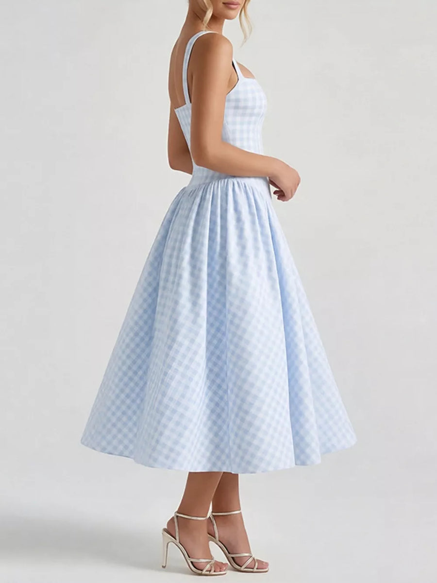 Light blue gingham square neck midi dress with a-line skirt and spaghetti straps.