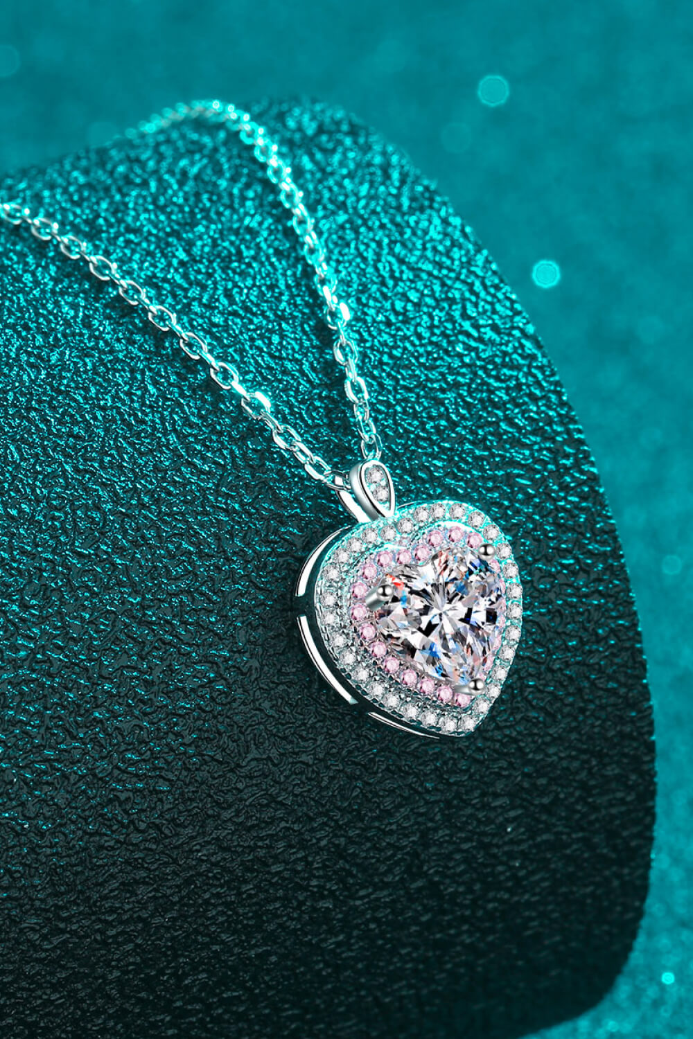 Silver heart halo moissanite pendant necklace with pink and clear stones