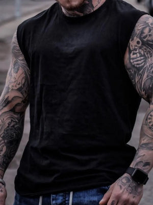 Black muscle-fit sleeveless tank top with crew neck, showing off tattooed arms.