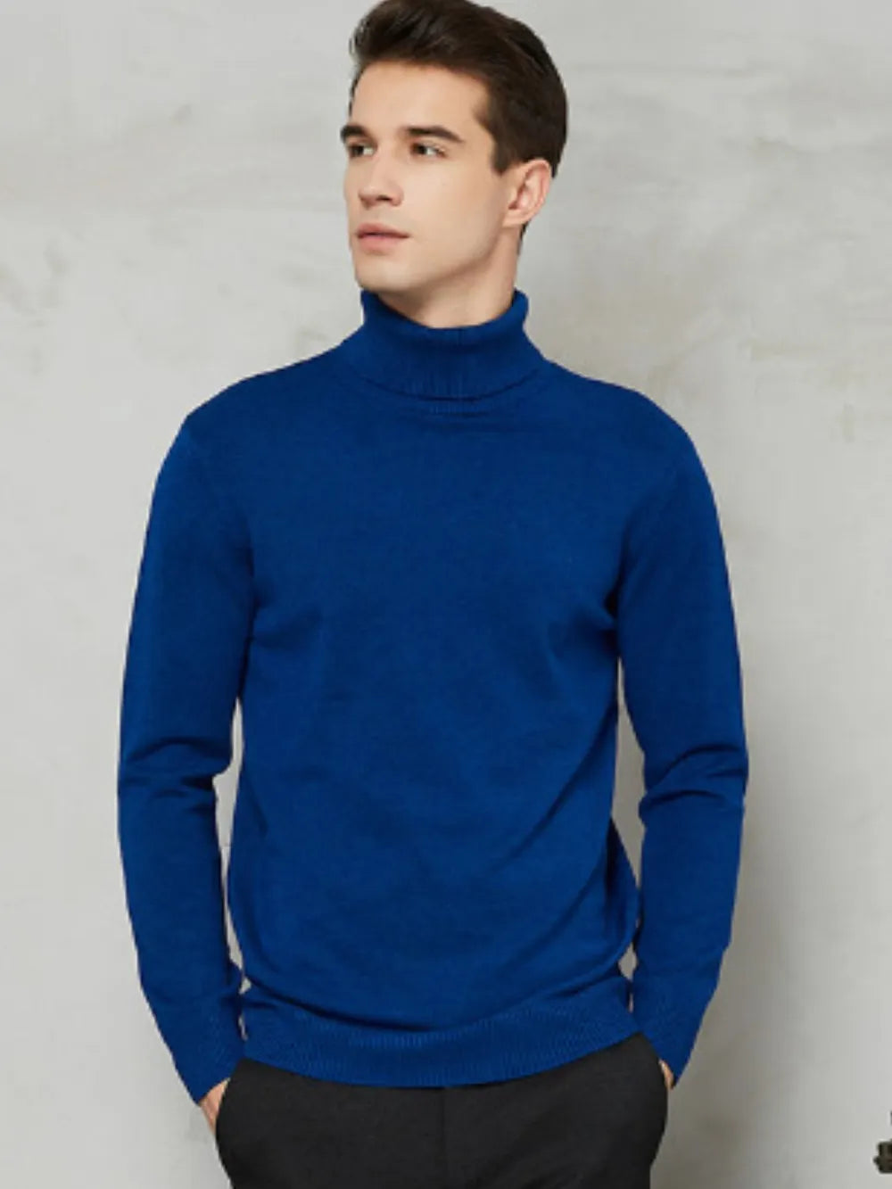 Men's Royal Blue turtleneck sweater with long sleeves and a modern silhouette.