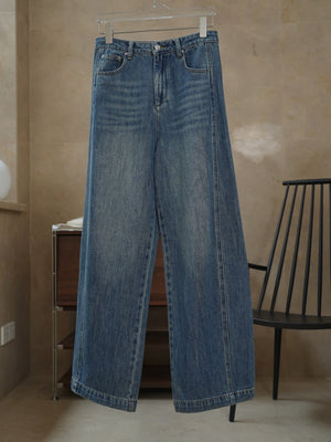 Denim Blue wide-leg jeans with full-length and zip-front