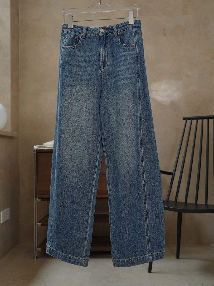 Denim Blue wide-leg jeans with full-length and zip-front