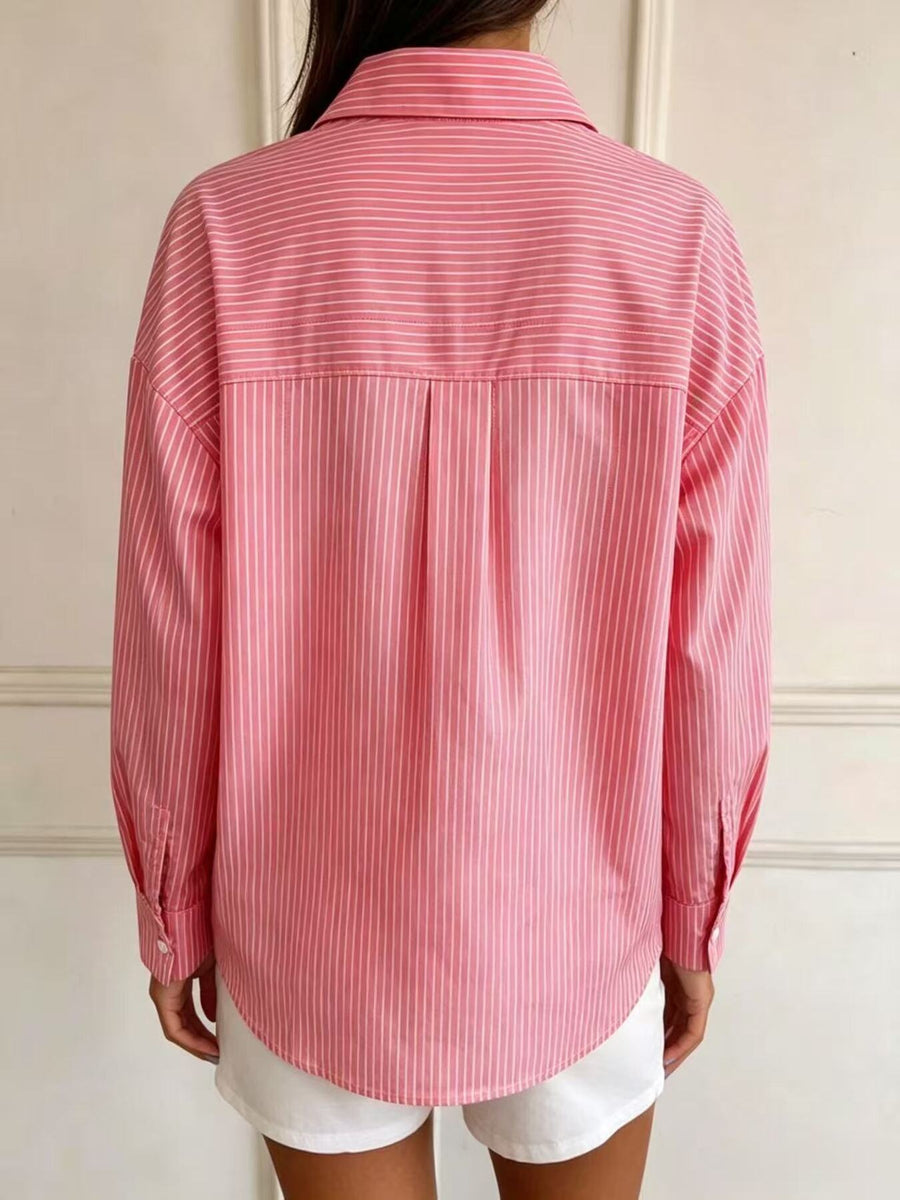 Full Size Striped Button-Down Long Sleeve Shirt in white