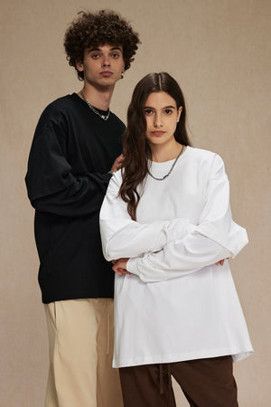 Black and white long sleeve crew neck t-shirts