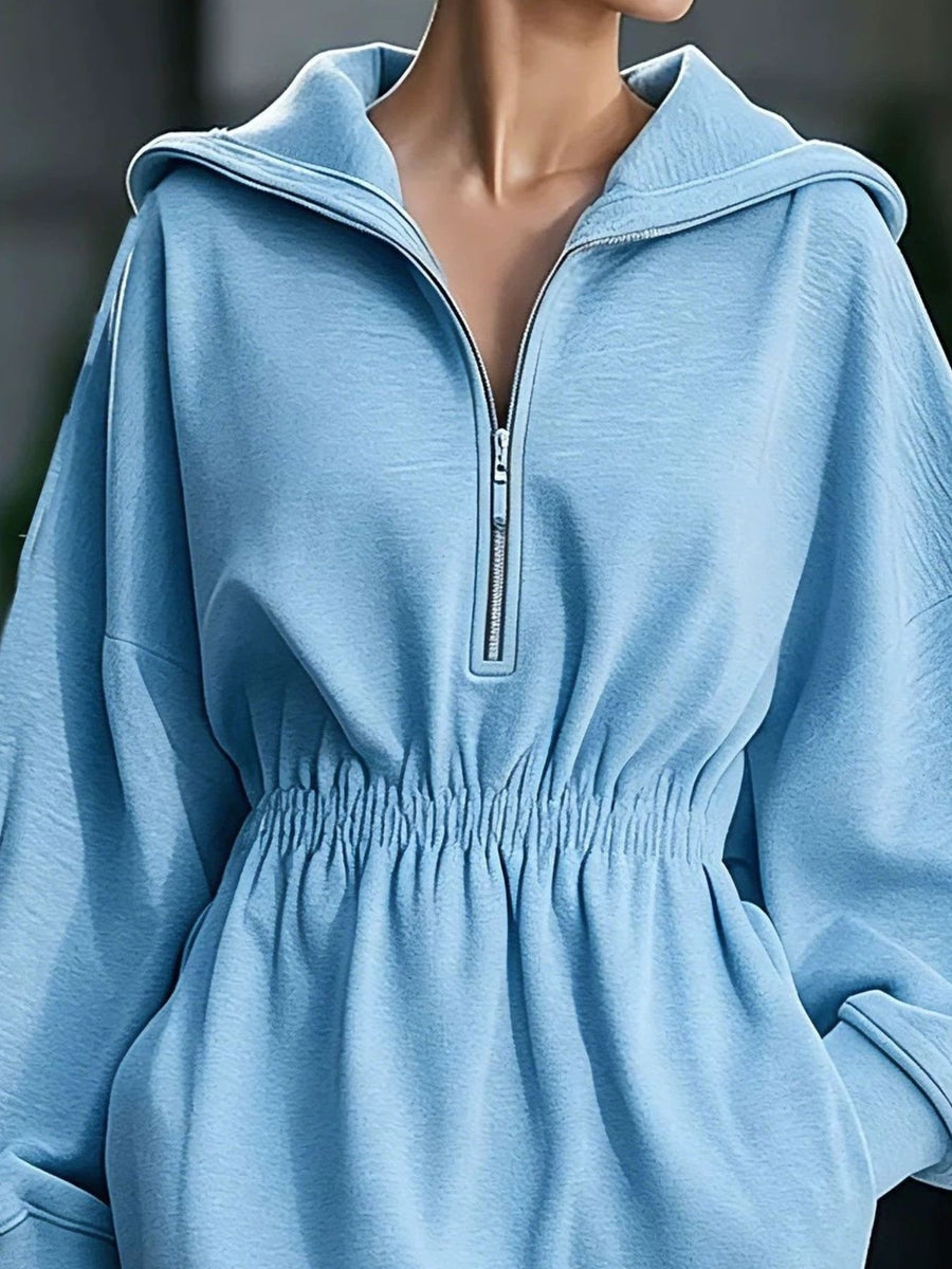 Casual Hooded Quarter-Zip Sweatshirt Dress in blush pink with pocketed