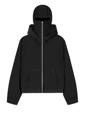 Black zip-up hoodie with integrated balaclava hood and front pocket.