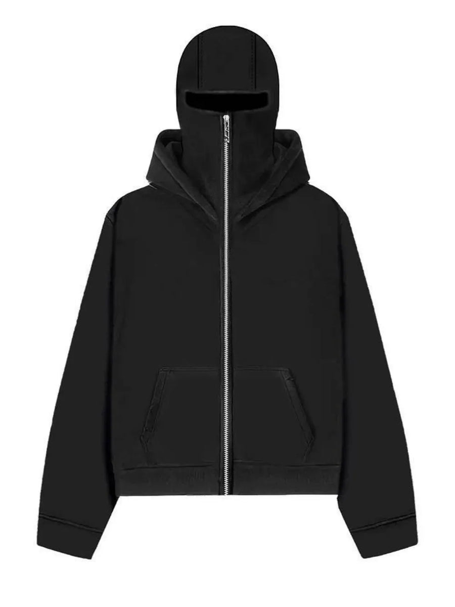 Black zip-up hoodie with integrated balaclava hood and front pocket.
