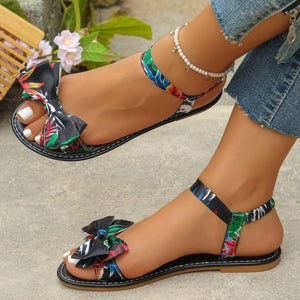 Vonili beige floral bowknot flat sandals for women