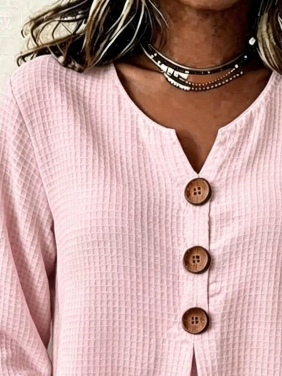 Pink blouse with half-button and waffle knit