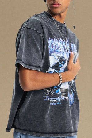Black graphic t-shirt with half sleeves and a washed-out look.