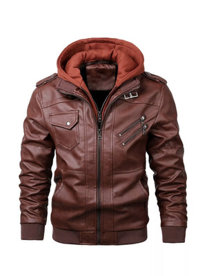 Brown faux leather hooded jacket with zippered pockets and snap chest pocket.