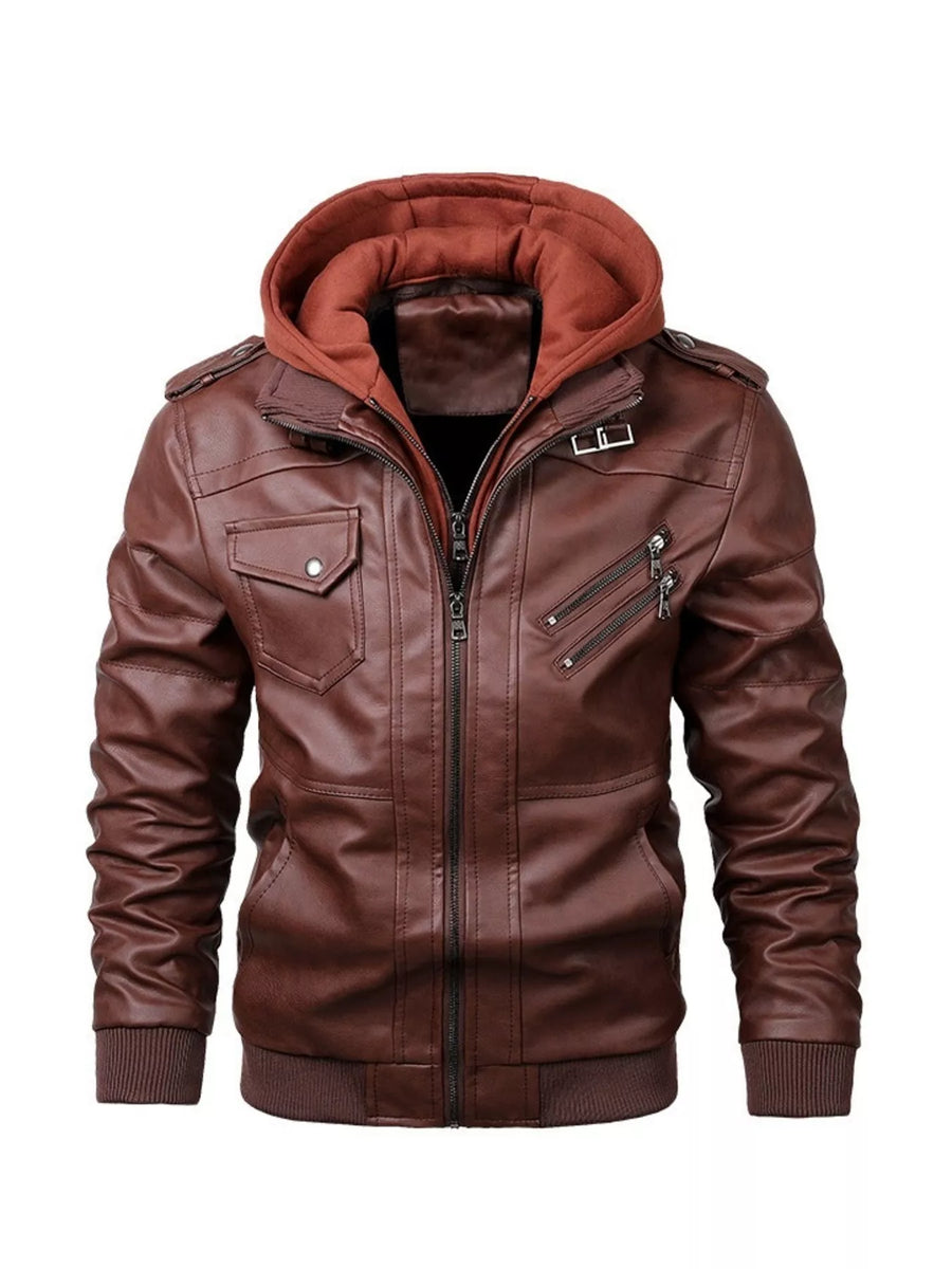 Brown faux leather hooded jacket with zippered pockets and snap chest pocket.