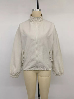 Zip-up Dropped Shoulder Jacket in cream with drawstring