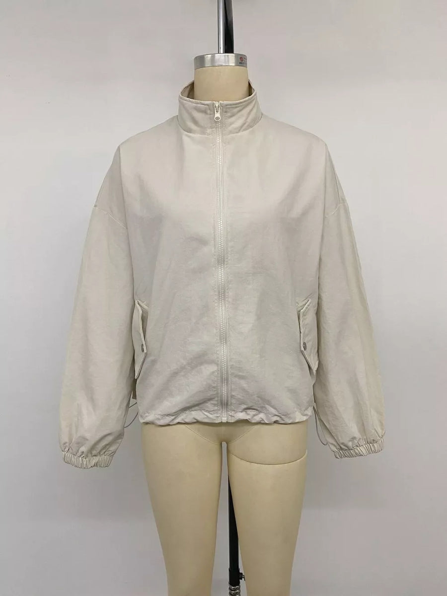 Zip-up Dropped Shoulder Jacket in cream with drawstring
