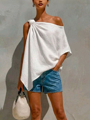 White one-shoulder top with tunic-length and pullover