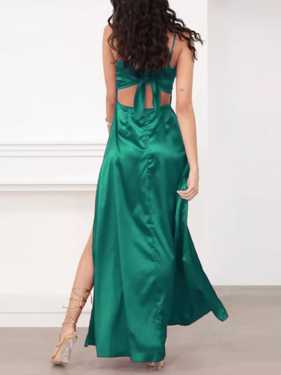 Green maxi dress with high-slit and spaghetti strap