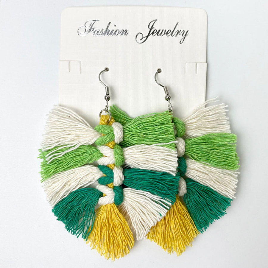 Macramé leaf fringe statement earrings in green, white, and yellow with tassel details.
