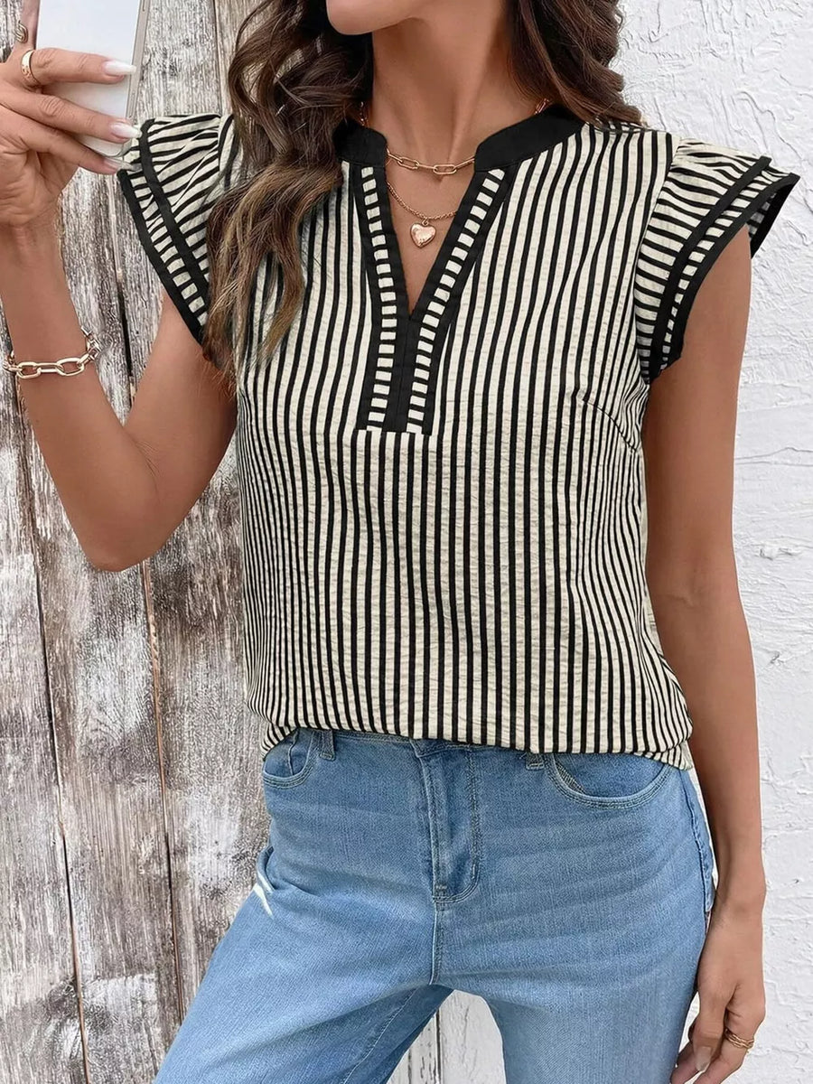Black and white vertical stripe blouse with ruffle sleeves and V-neck