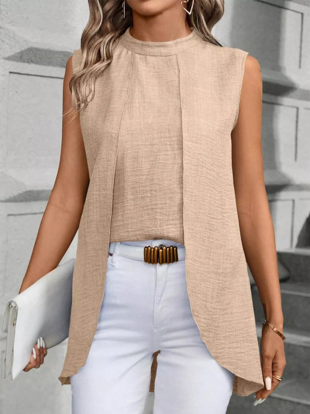 Chic mock neck sleeveless tank top in Khaki with a layered front detail.