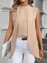 Chic mock neck sleeveless tank top in Khaki with a layered front detail.
