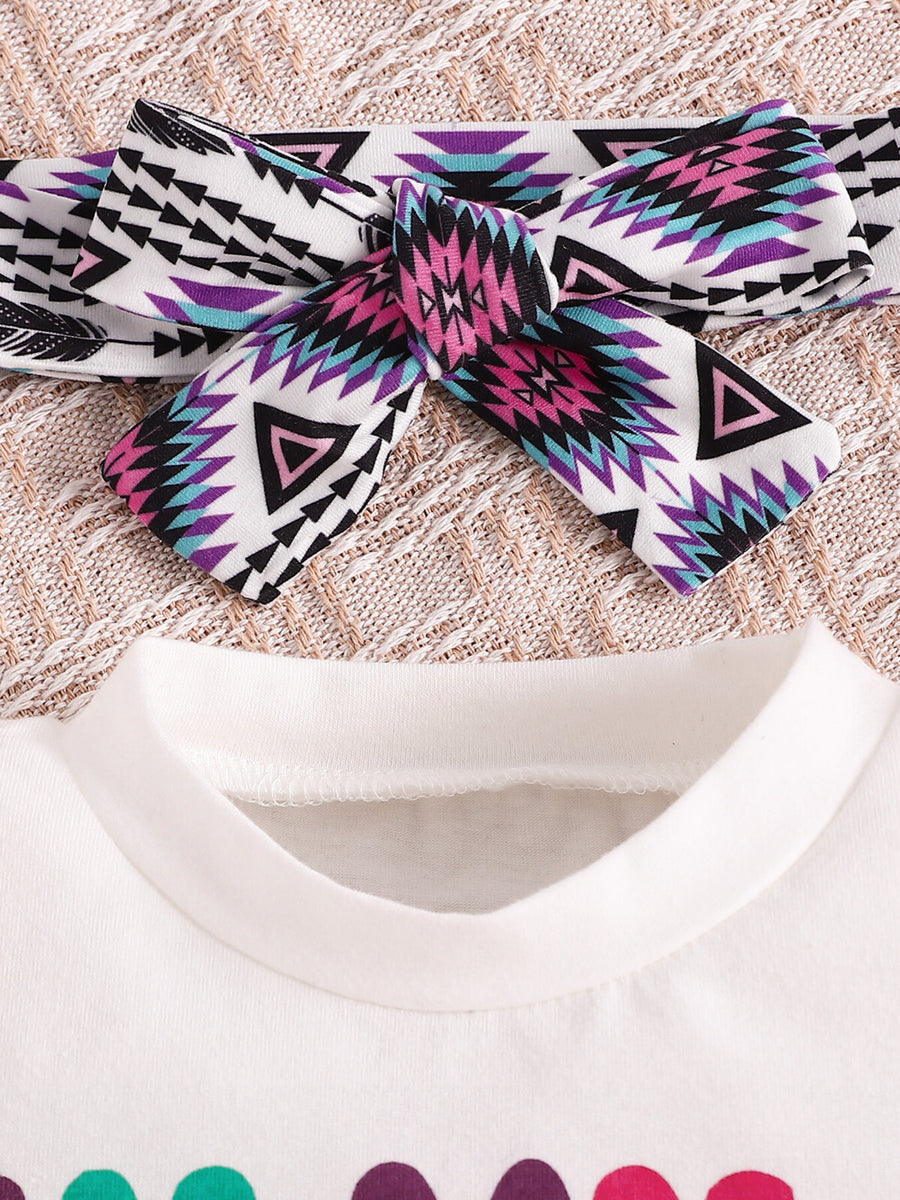 Baby girls' cotton set with geometric print headband and white top detail