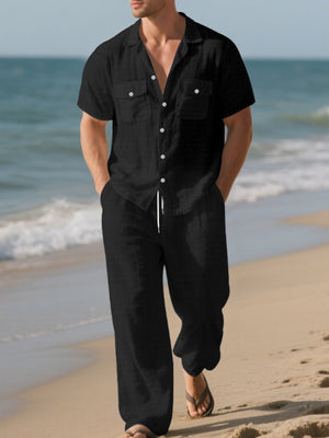 Black Men's Casual Button-up Shirt And Pants Set Plus Size
