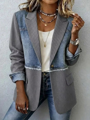 denim blue blazer with button-front and patchwork