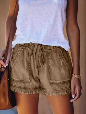 Full Size Drawstring Frayed Hem Denim Shorts in Green with raw hem