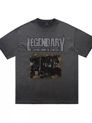 Gray cotton blend t-shirt with a bold "Legendary Cowboy From The Cemetery" graphic and distressed details.