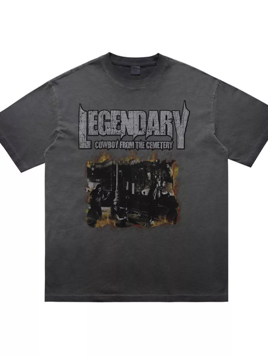 Gray cotton blend t-shirt with a bold "Legendary Cowboy From The Cemetery" graphic and distressed details.