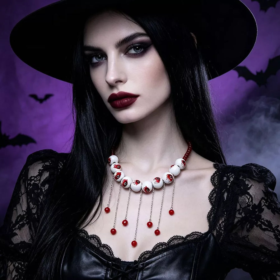 necklace in red with eyeball motif and eyeball motifs