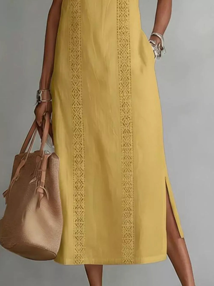 Yellow sleeveless midi dress with geometric trim and pockets