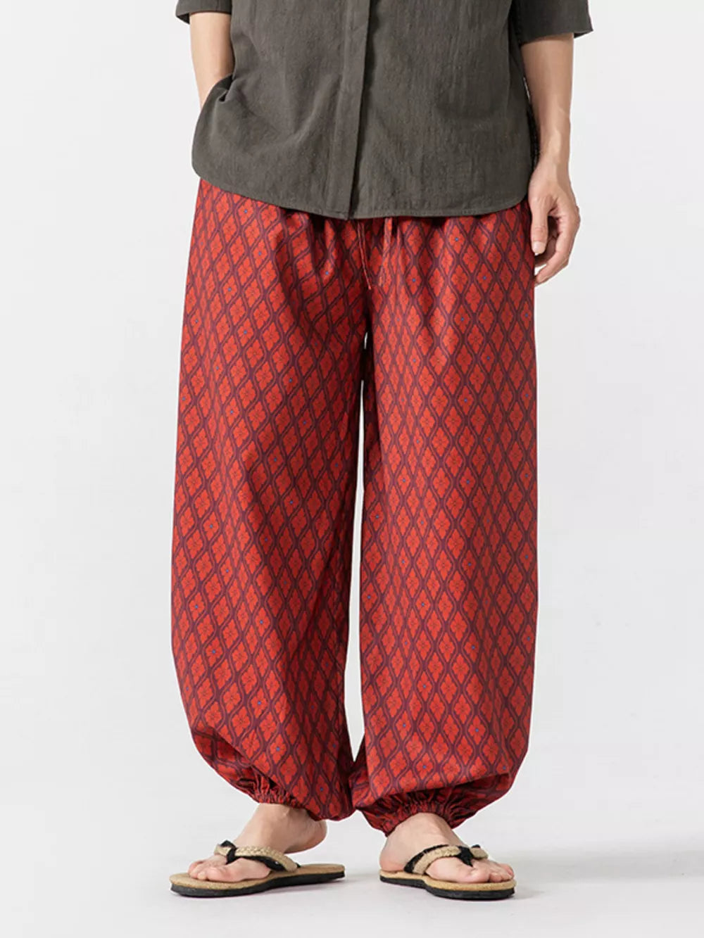 Red Wine harem joggers with diamond pattern and elastic cuffs