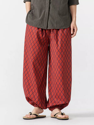Red Wine harem joggers with diamond pattern and elastic cuffs