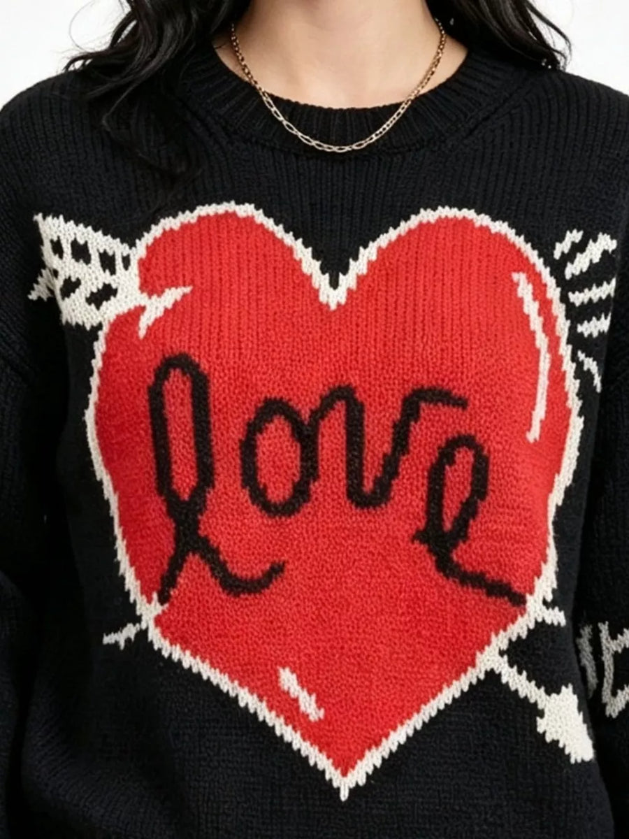 Heart Round Neck Ribbed Sweater in Pink