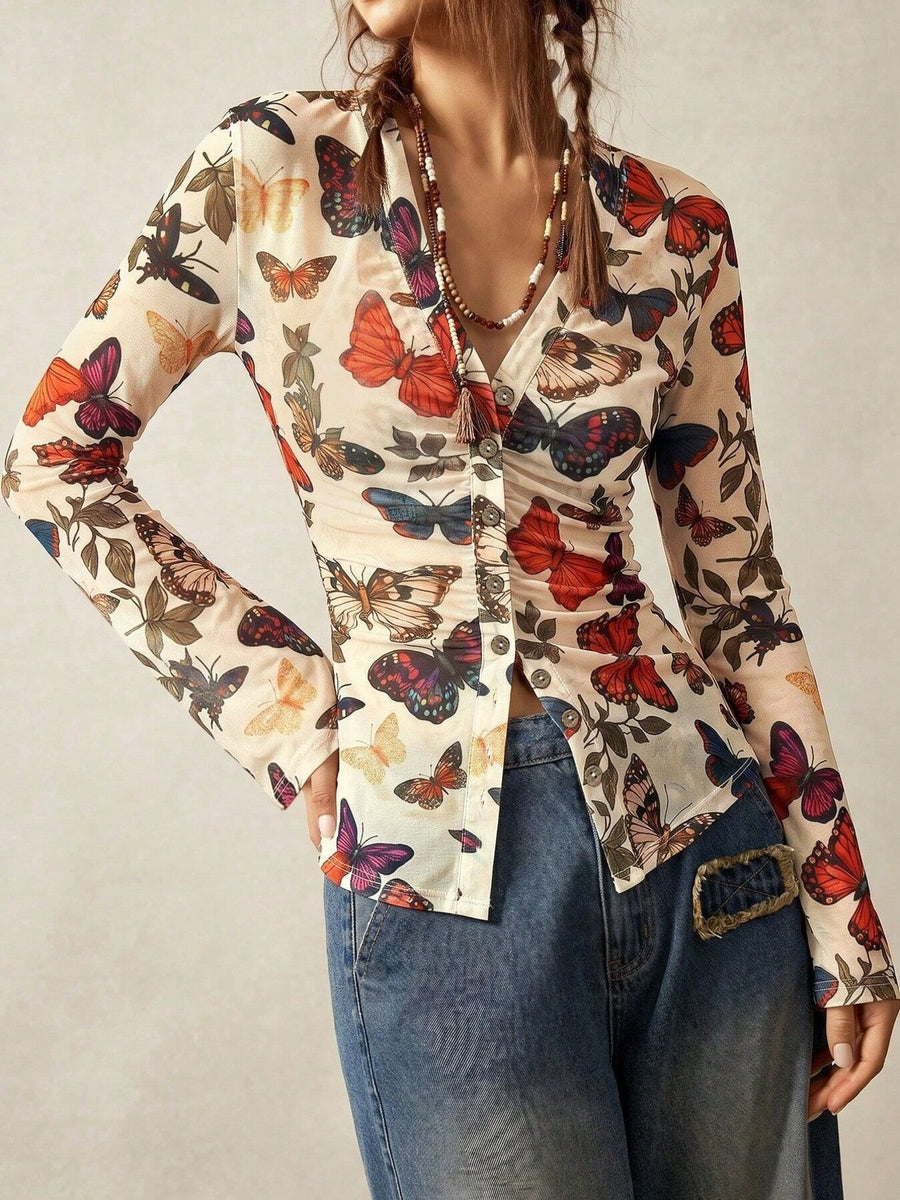 red button-down shirt featuring buttoned and butterfly print
