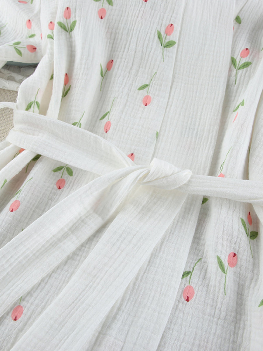 White cotton robe with pink floral print and tie waist