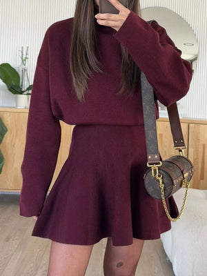 Burgundy turtleneck sweater and flared skirt set, casual knit outfit for women.