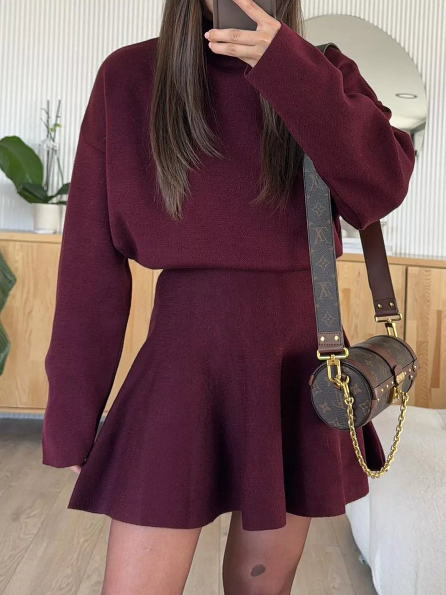 Burgundy turtleneck sweater and flared skirt set, casual knit outfit for women.