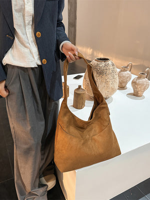 Suede Imported Size &amp handbag in Coffee Brown with loose silhouette