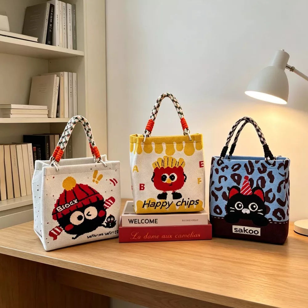 Cartoon graphic tote handbags in yellow, blue, and ivory with playful designs.