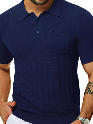 Navy ribbed knit polo shirt with chest pocket and buttoned collar.