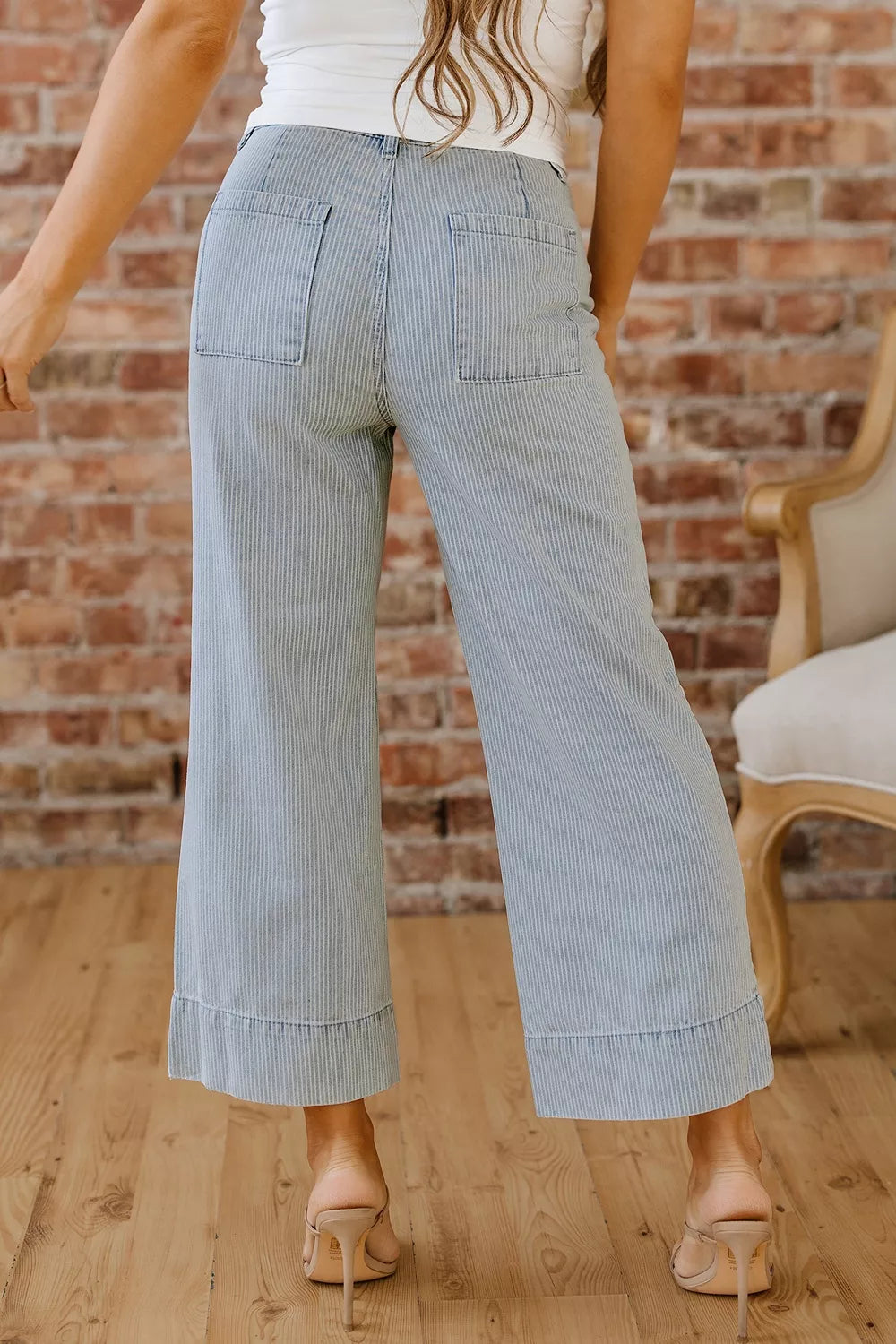 Striped Wide-leg Cropped Jeans in Light Blue